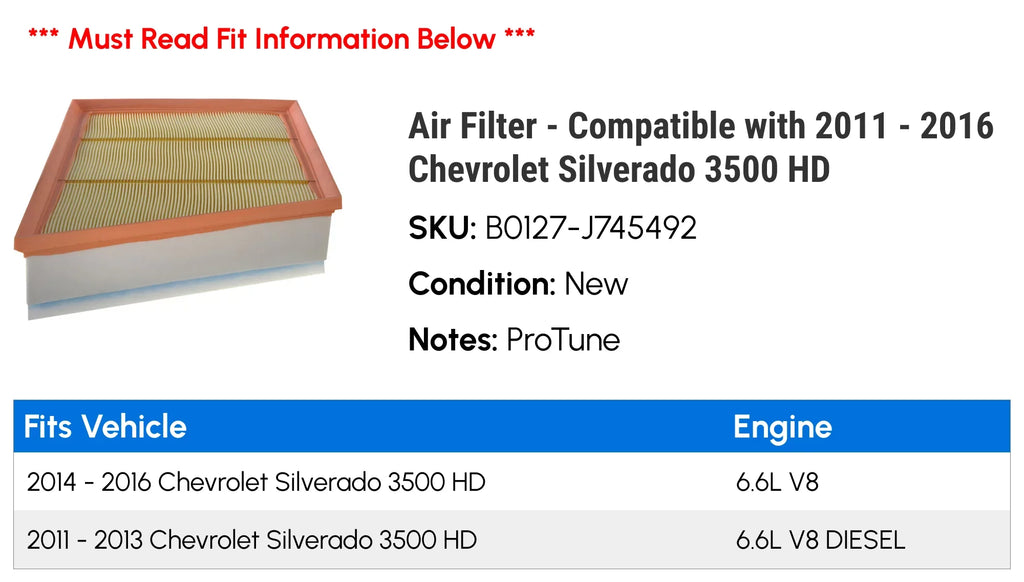 Air Filter - Compatible with 2011 - 2016 Chevy Sizeilverado 3500 HD 2012 2013 2014 2015