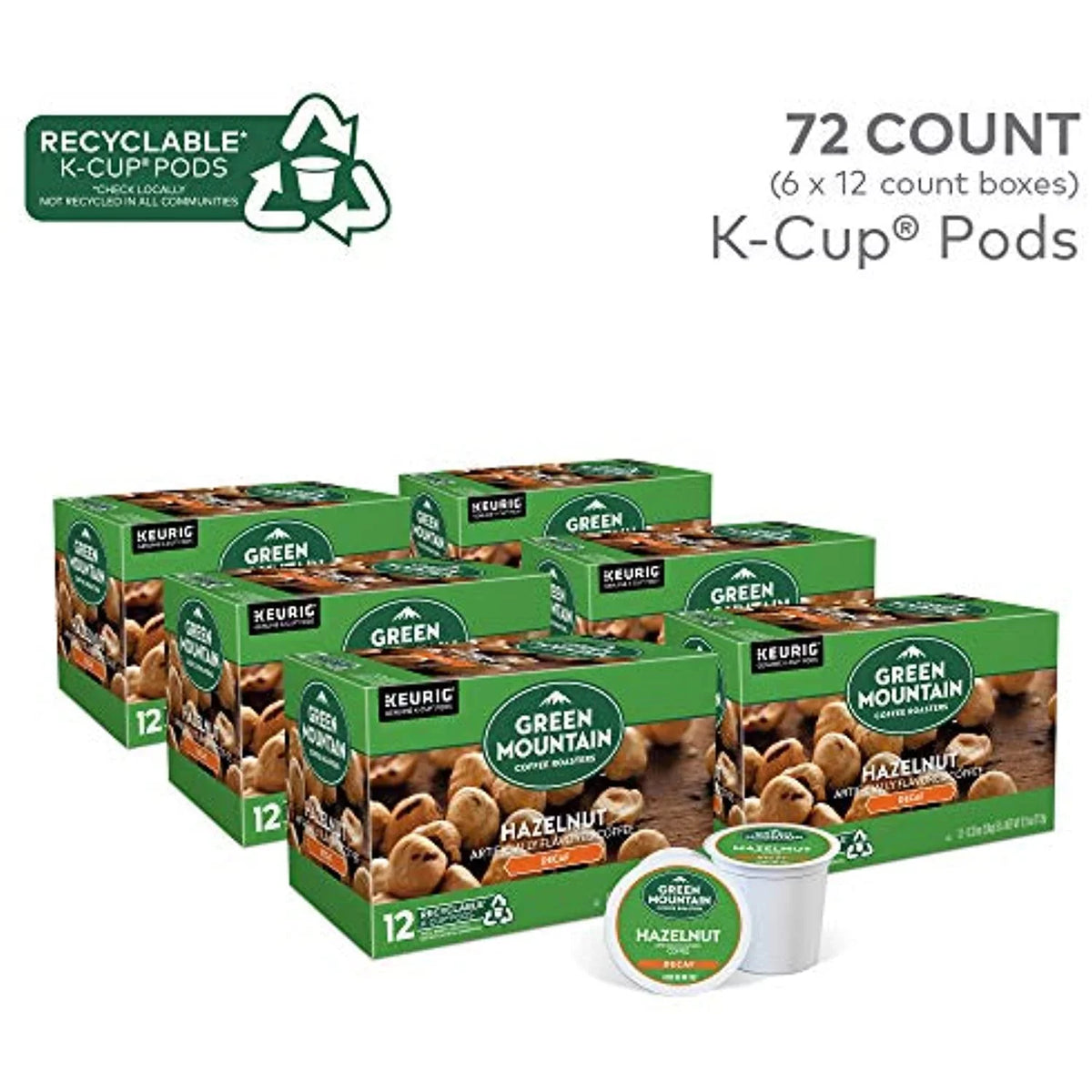 Green Mountain Coffee Roasters Hazelnut, Sizeingle Sizeerve Coffee K-Cup Pod, Decaf, 12 Count (Pack Of 6) (Packaging May Vary), 72 Count