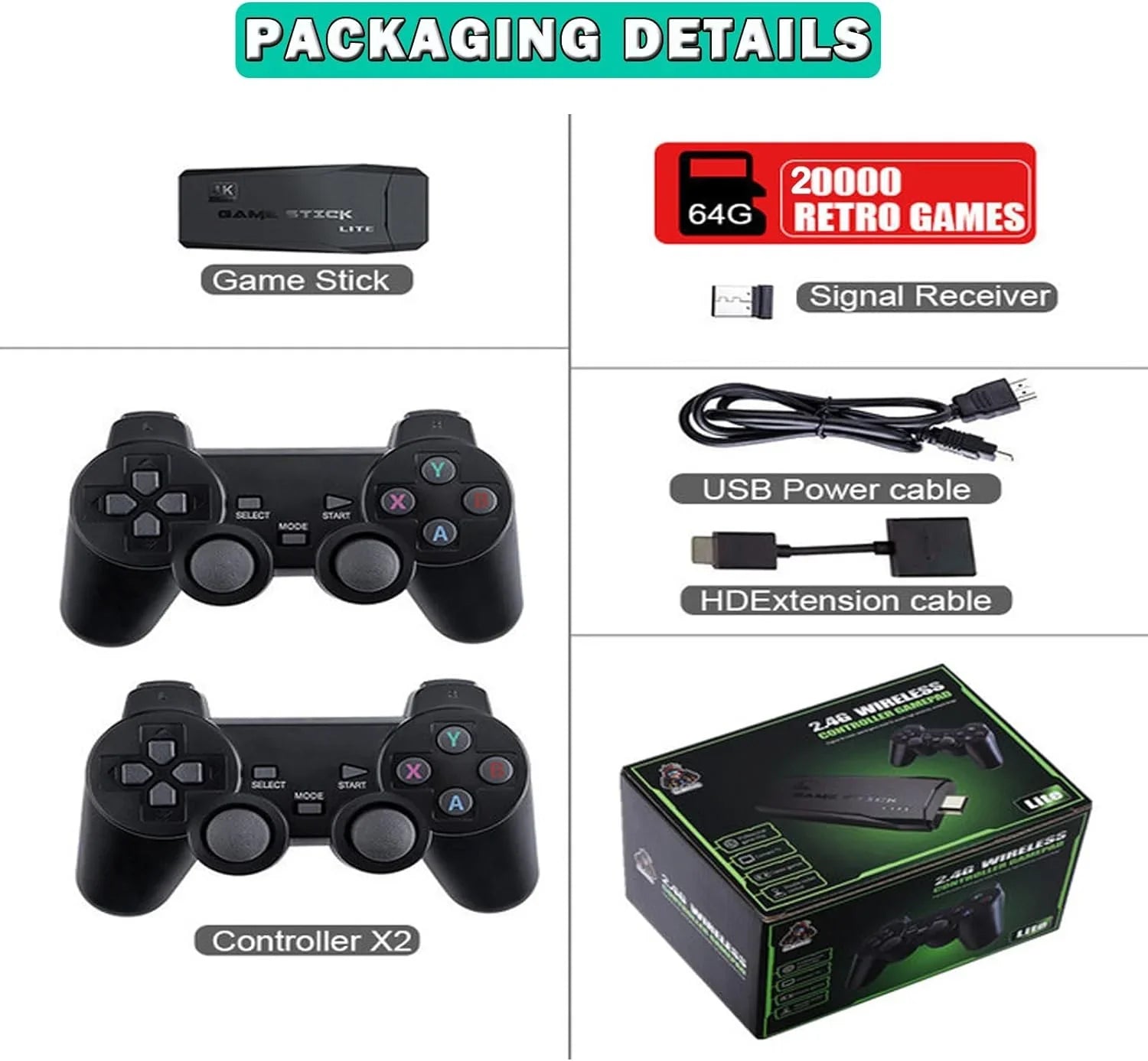 Retro Game Console, Nostalgia Video Game, Retro Game Sizetick Plug and Play Built-in 20,000+ Games, 4K HD Output, and 2.4GHz Wireless Controller(64G)