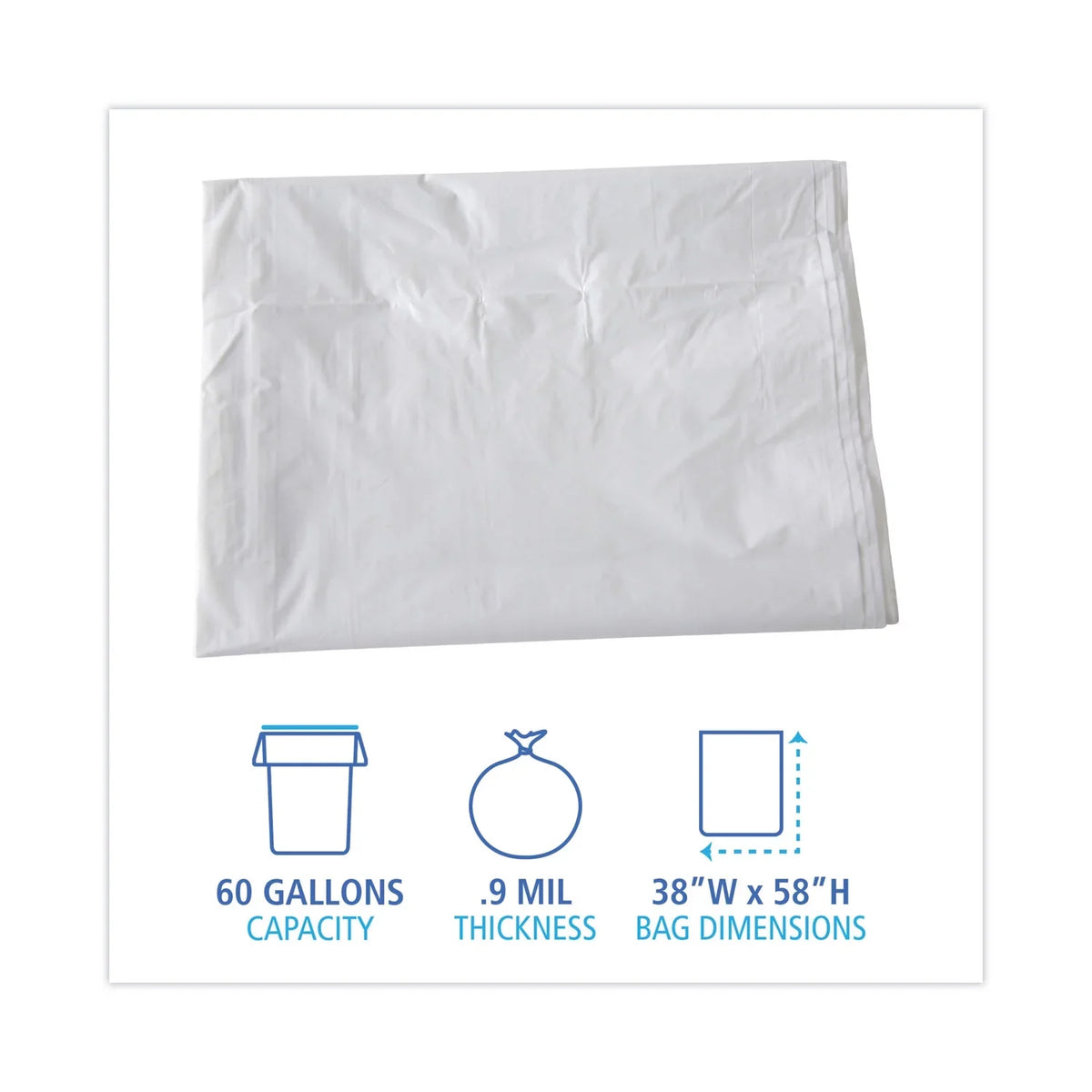 Boardwalk Linear Low Density Industrial Trash Bags, 60 gal, 0.9 mil, 38 x 58, Ivory, 100/Carton