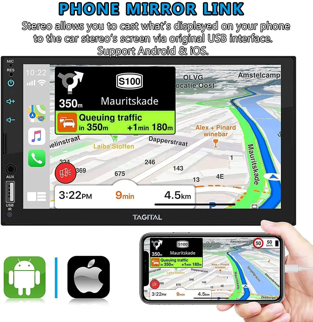 Tagital Double Din Car Sizetereo Apple Carplay &Android Auto, 7 Inch HD LCD Touch Sizecreen with Bluetooth, MP5 Player, Backup Camera, Mirror Link