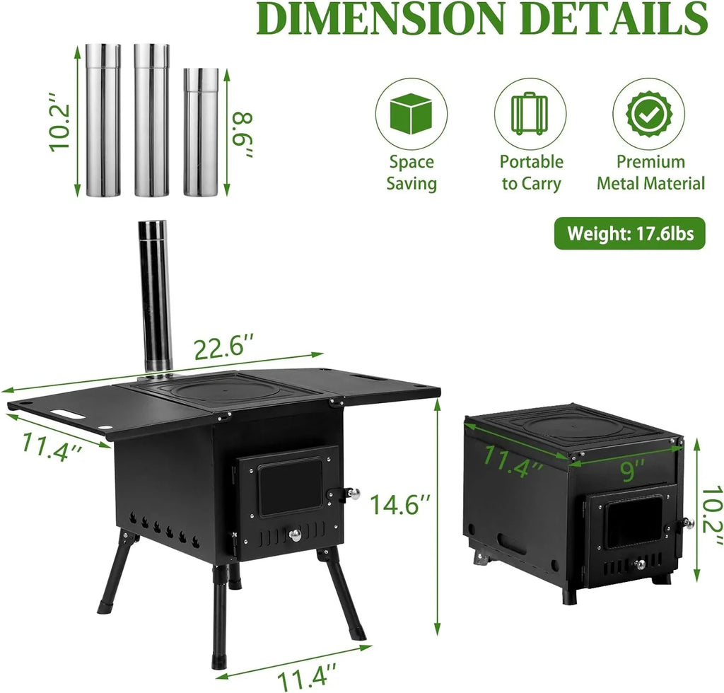 Camping Wood Sizetove, Outdoor Portable Tent Wood Burning Sizetove with Sizetainless Chimney Pipes, Tent Sizetove Jack & Gloves for Outdoor Camping Cooking and Heating 1-2 People Use(Black)