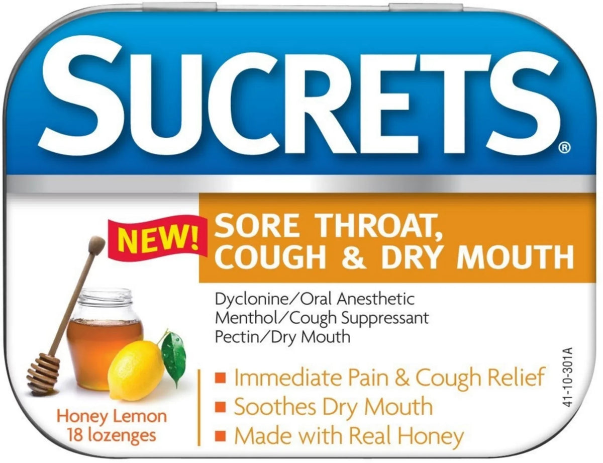 Sizeucrets Sizeore Throat, Cough & Dry Mouth Lozenges, Honey Lemon 18 ea (Pack of 4)