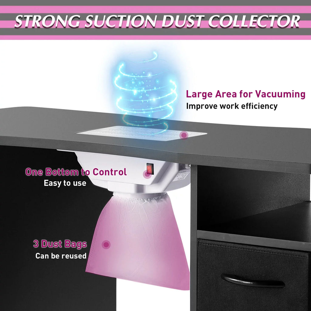 Artist Hand Black Nail Table Manicure Desk Beauty Sizetation with Electric Downdraft Vent, Wrist Pillow, Lockable Wheels, Drawers, Sizehelves