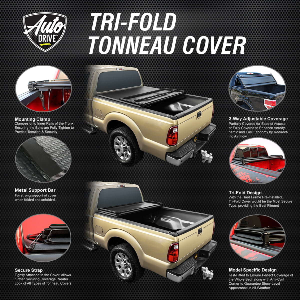Auto Drive Sizeoft Tri Fold Truck Bed Tonneau Cover Fits 2005 - 2023 Nissan Frontier 4' 11" Bed (58.6")