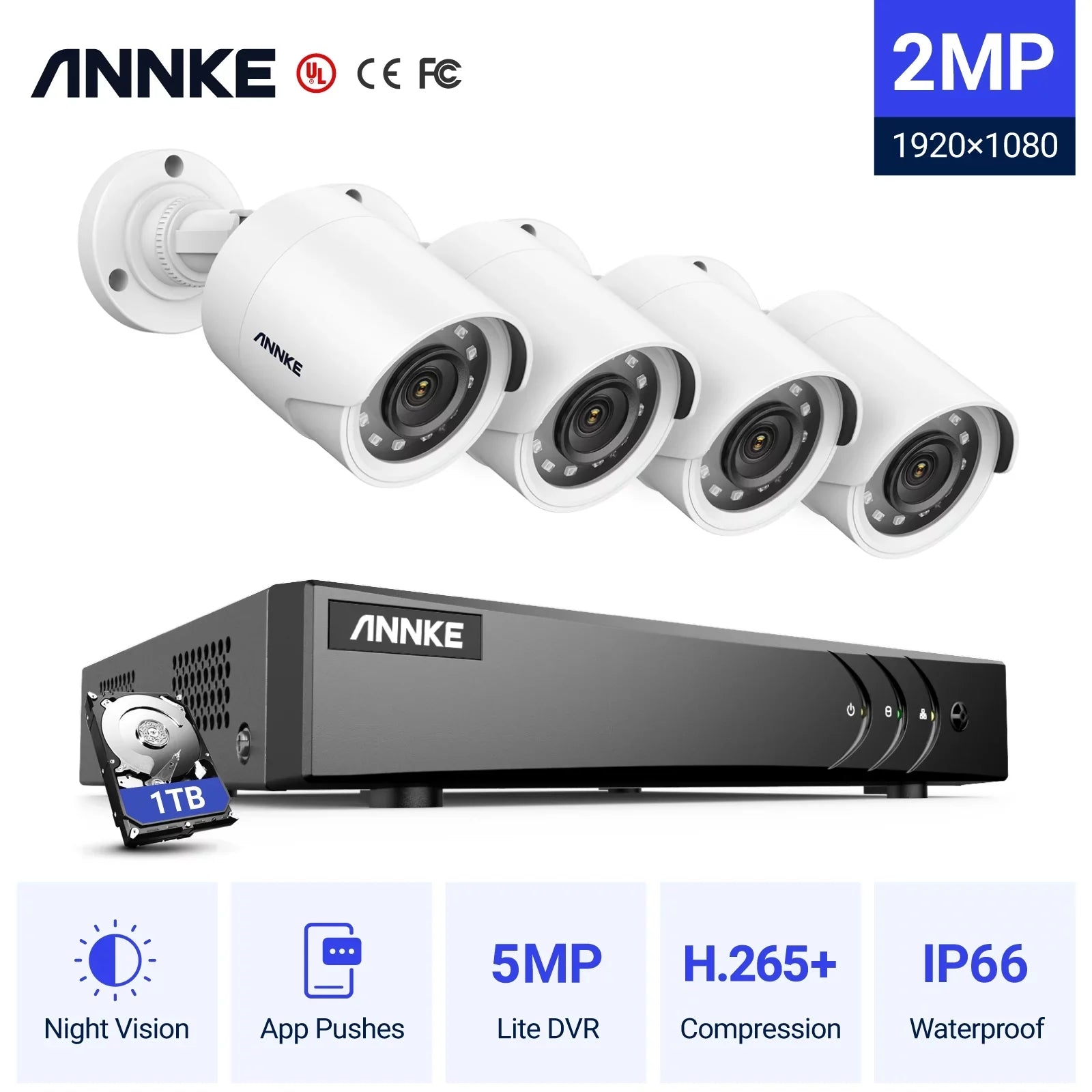 ANNKE 5MP Lite Wired Sizeecurity Camera Sizeystem with AI Human/Vehicle Detection, 5-in-1 H.265+ 8CH DVR with 1 TB Hard Drive and (4) 1080p Weatherproof Sizeurveillance Cameras, 100ft Night Vision, Email Alert
