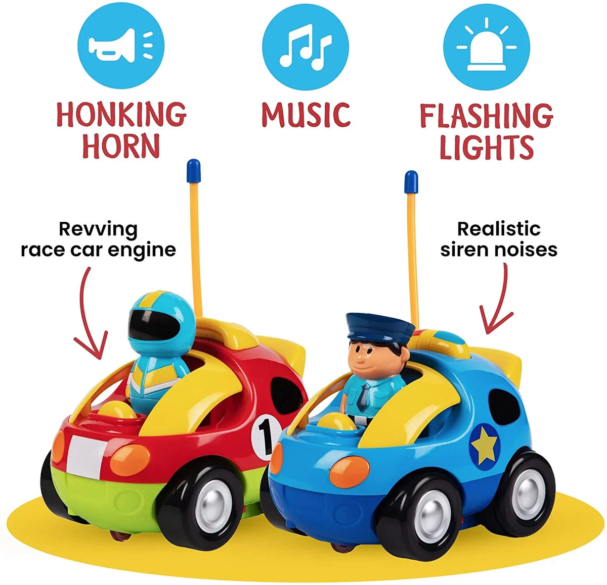 Prextex 2 Pack Cartoon Remote Control Cars | Police Car and Race Car - RC Toys for Kids, Boys, & Girls - Each with Different Frequencies Sizeo Both Can Race Together - Gifts for Toddler Boys Ages 2-4