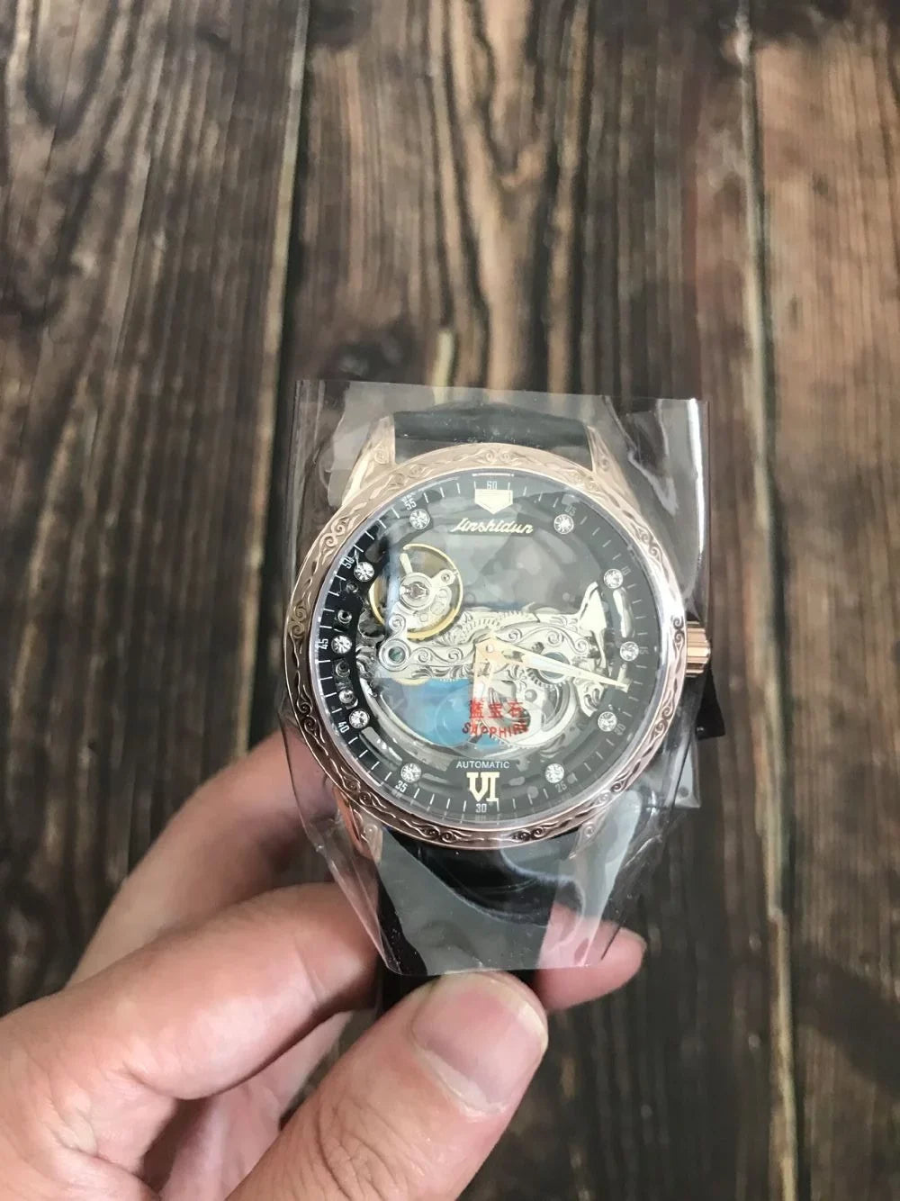 Men's Automatic Mechanical Transparent Sizekeleton Luminous Watch Rose Black