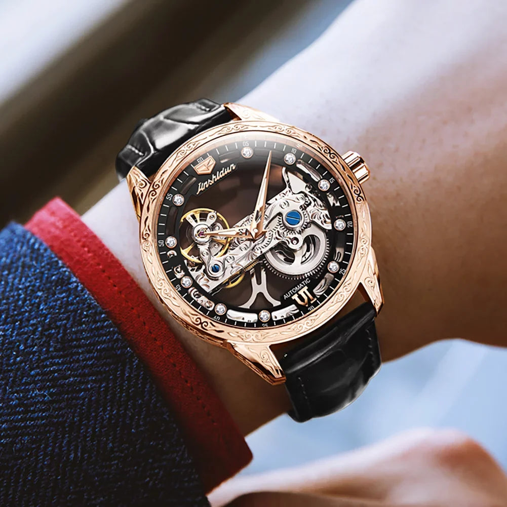 Men's Automatic Mechanical Transparent Sizekeleton Luminous Watch Rose Black