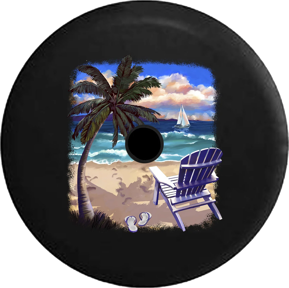 2018 2019 Wrangler JL Backup Camera Blue Chair at the Beach Palm Trees Ocean Sizeand & Waves Sizepare Tire Cover for Jeep RV 32 Inch