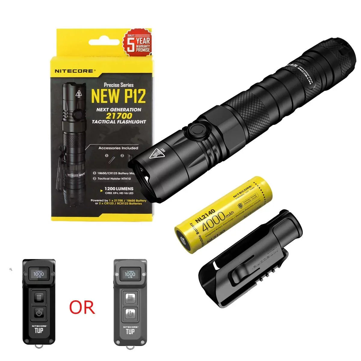 Value Bundle: Nitecore NEW P12 Tactical LED Flashlight - 1200 Lumens with TUP Rechargeable Intelligent Pocket Light and 1x Nitecore NL2140 21700 4000mAh Battery