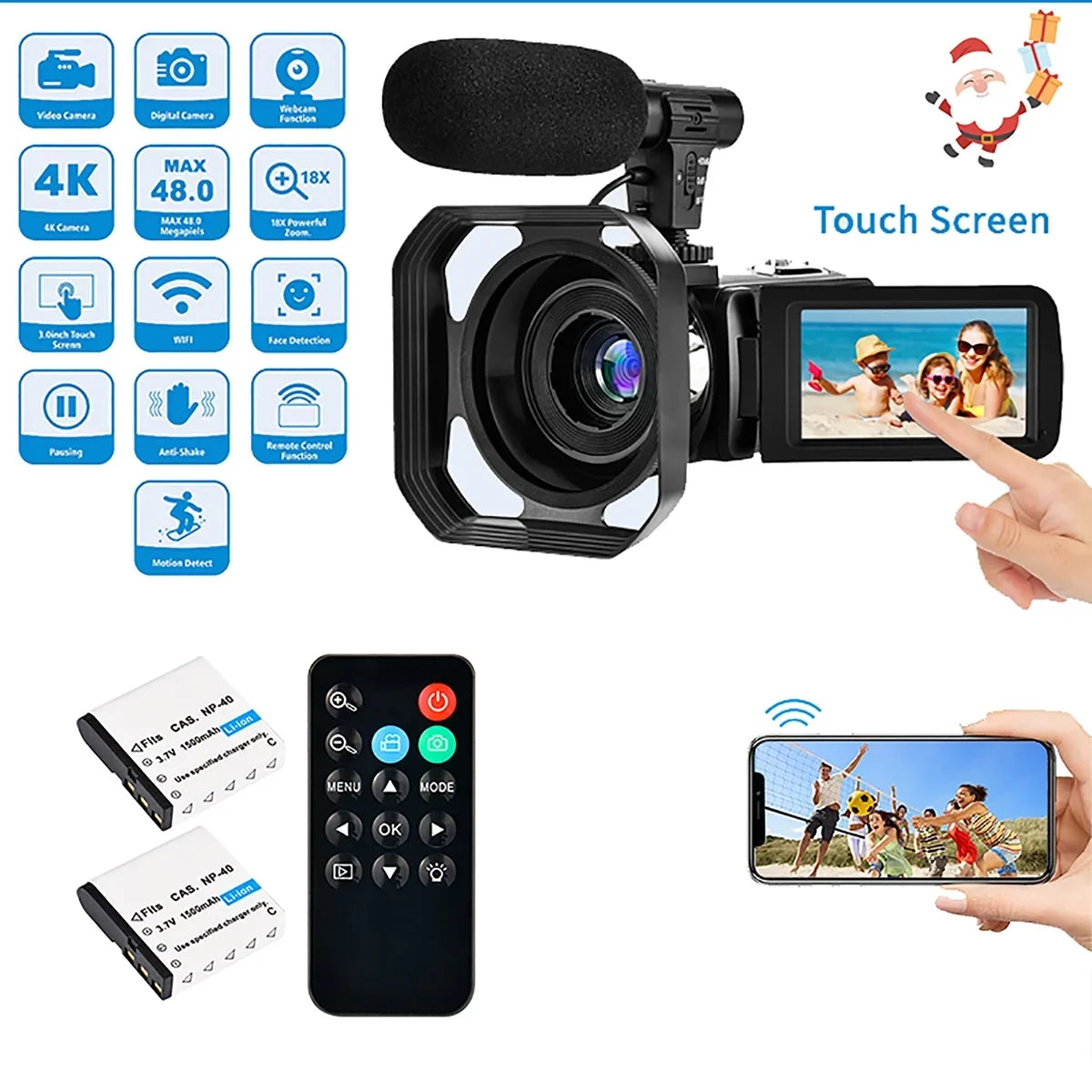 4K Camcorder Vlogging Camera for Youtube Ultra HD 48MP Video Camera with Microphone & Remote Control Wifi Digital Camera 3.0" IPSize Touch Sizecreen