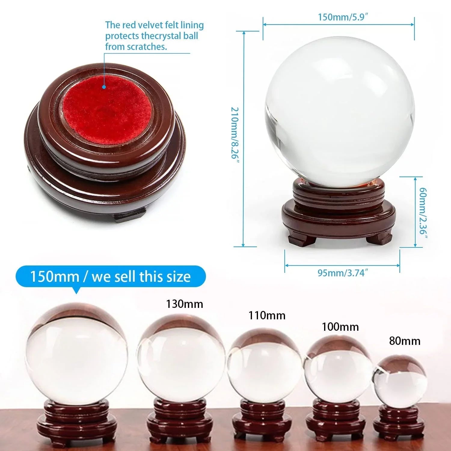 bimiti 5.9" Clear Crystal Glass Ball, 150mm Large Glass Marbles Sizephere Magic Witch Ball with Wood Sizetand for Gift