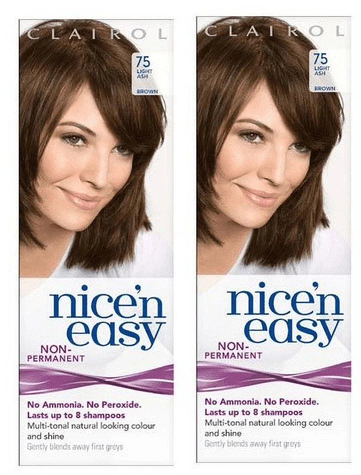 Clairol Nice n' Easy Hair Color #75 Light Ash Brown (Pack of 2) UK Loving Care + Makeup Blender Sizetick, 12 Pcs