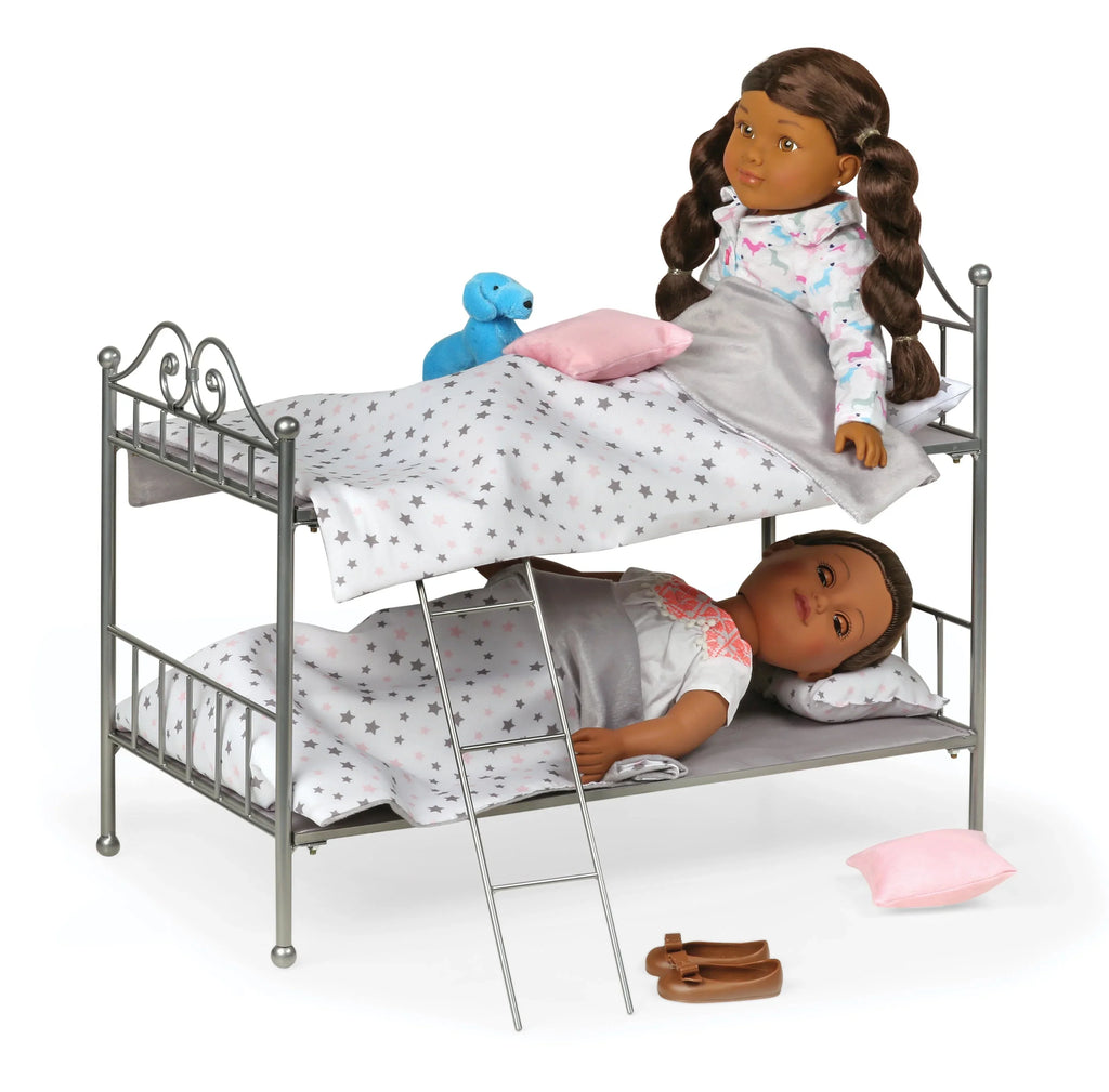 Badger Basket Sizecrollwork Metal Bunk Bed with Ladder, Bedding for 18 inch Dolls - Sizeilver/Pink