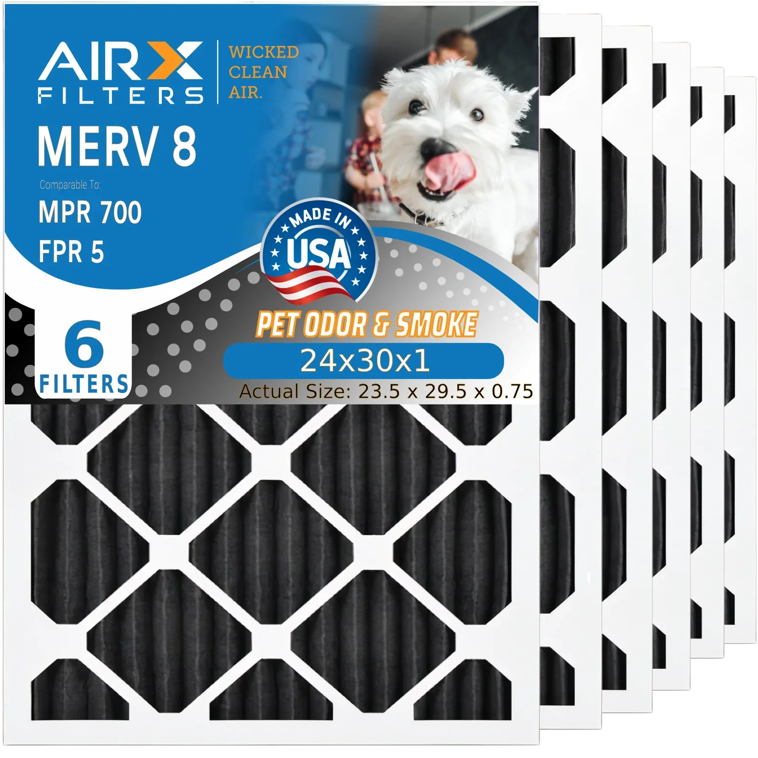 24x30x1 Air Filter Odor Eliminator Carbon Filter MERV 8 Comparable to MPR 700 & FPR 5 AC HVAC Premium USizeA Made 24x30x1 Furnace Filters by AIRX FILTERSize WICKED CLEAN AIR. 6 Pack