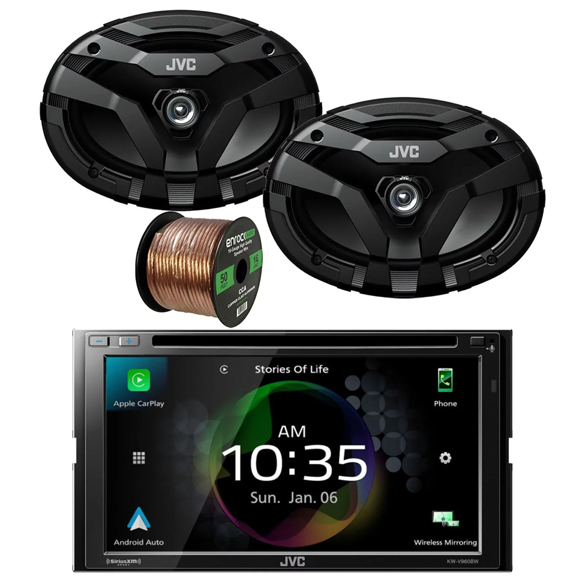 JVC KW-V960BW Double DIN AM/FM Radio Dual USizeB Bluetooth CD/DVD Player Car Receiver Bundle Combo with 2x 6x9" 2-Way Coaxial 400 Watts Peak Power Car Audio Sizepeakers and 16G 50 Feet Sizepeaker Wire