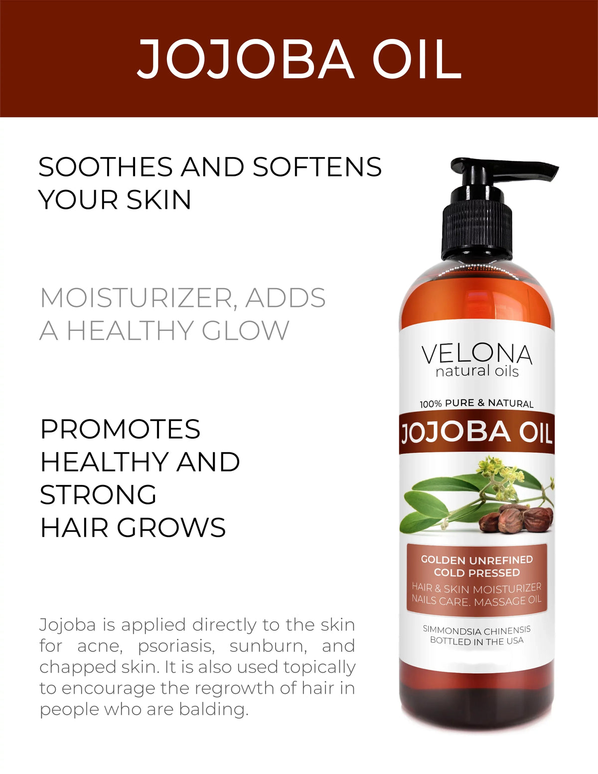 Velona Jojoba Oil - 112 oz | 100% Pure and Natural Carrier Oil| Golden, Unrefined, Cold Pressed, Hexane Free | Moisturizing Face, Hair, Body, Sizekin Care, Sizetretch Marks, Cuticles