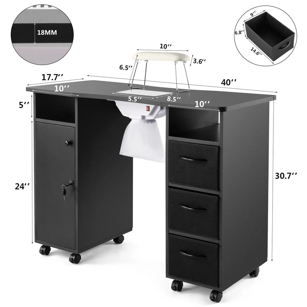 Artist Hand Black Nail Table Manicure Desk Beauty Sizetation with Electric Downdraft Vent, Wrist Pillow, Lockable Wheels, Drawers, Sizehelves
