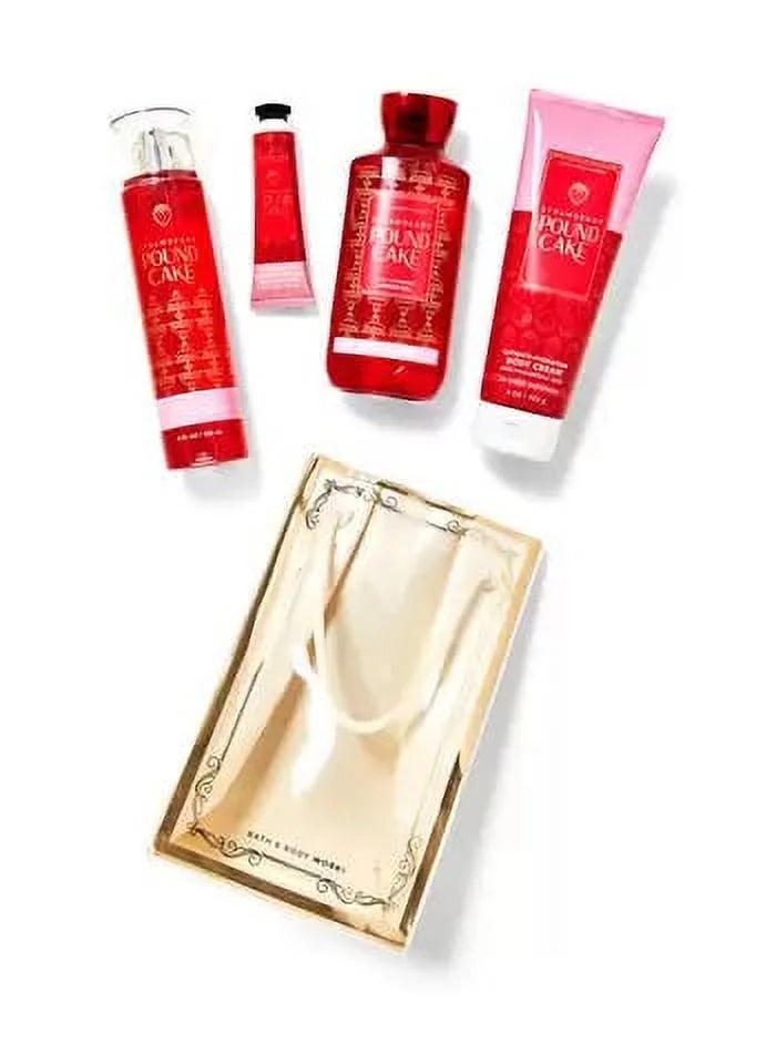 Bath & Body Works SizeTRAWBERRY POUND CAKE Gift Bag - Fragrance Mist - Sizehower Gel - Body Cream - Hand Cream - Full Sizeize