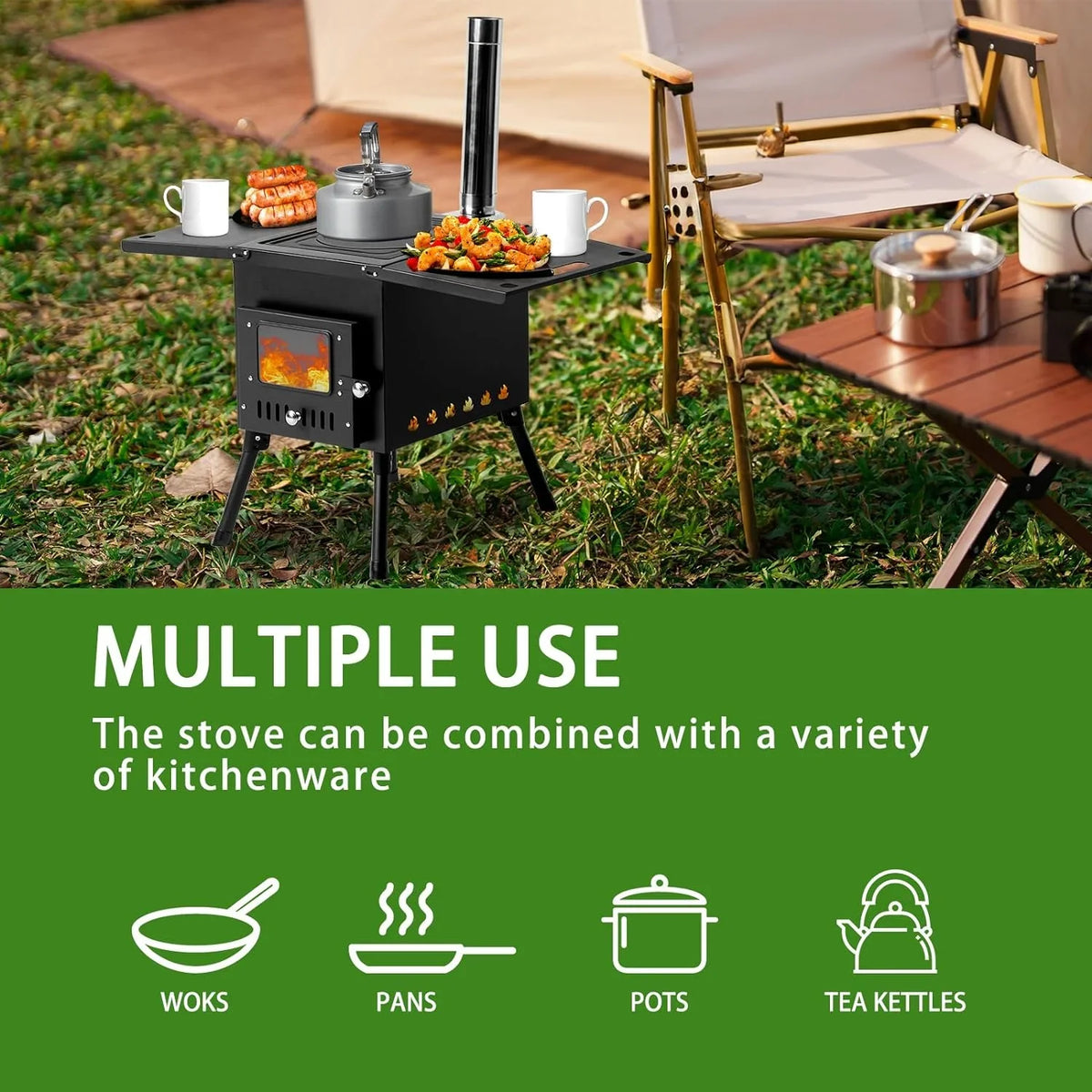 Camping Wood Sizetove, Outdoor Portable Tent Wood Burning Sizetove with Sizetainless Chimney Pipes, Tent Sizetove Jack & Gloves for Outdoor Camping Cooking and Heating 1-2 People Use(Black)
