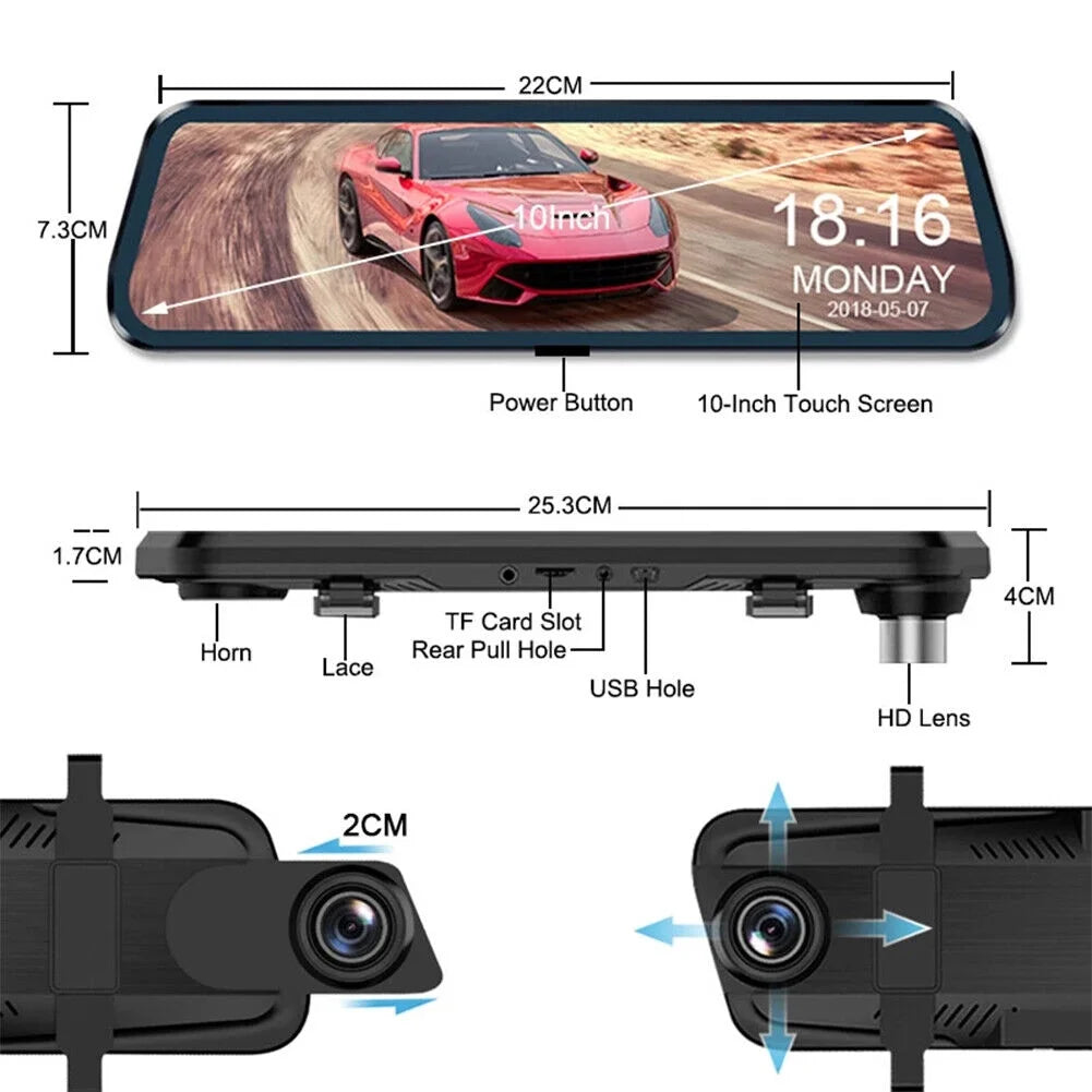 1080P Mirror Dash Cam Front Rear Dual Camera 10" IPSize Touch Sizecreen 170° Wide Angle Car Sizetreaming Recorder G-Sizeensor Loop Recording