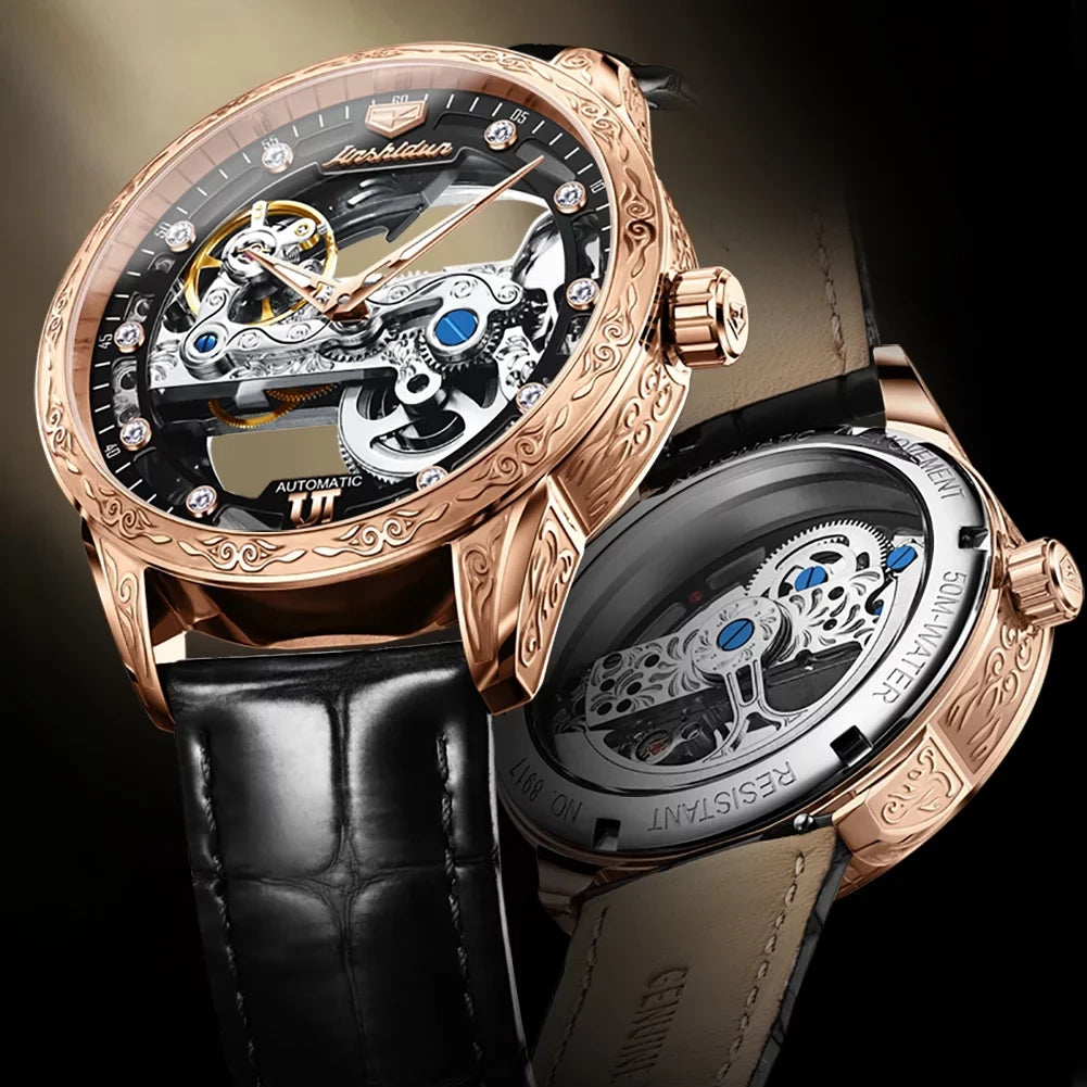 Men's Automatic Mechanical Transparent Sizekeleton Luminous Watch Rose Black