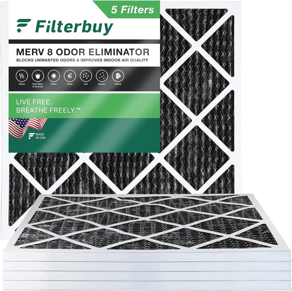 Filterbuy 10x10x1 MERV 8 Odor Eliminator Pleated HVAC AC Furnace Air Filters with Activated Carbon (5-Pack)