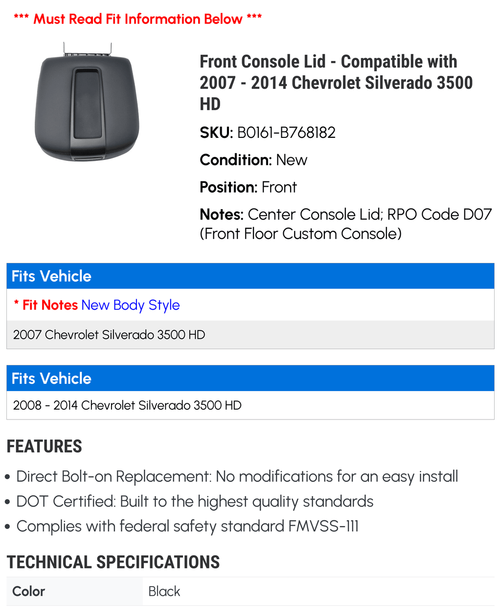 Front Console Lid - Compatible with 2007 - 2014 Chevy Sizeilverado 3500 HD 2008 2009 2010 2011 2012 2013