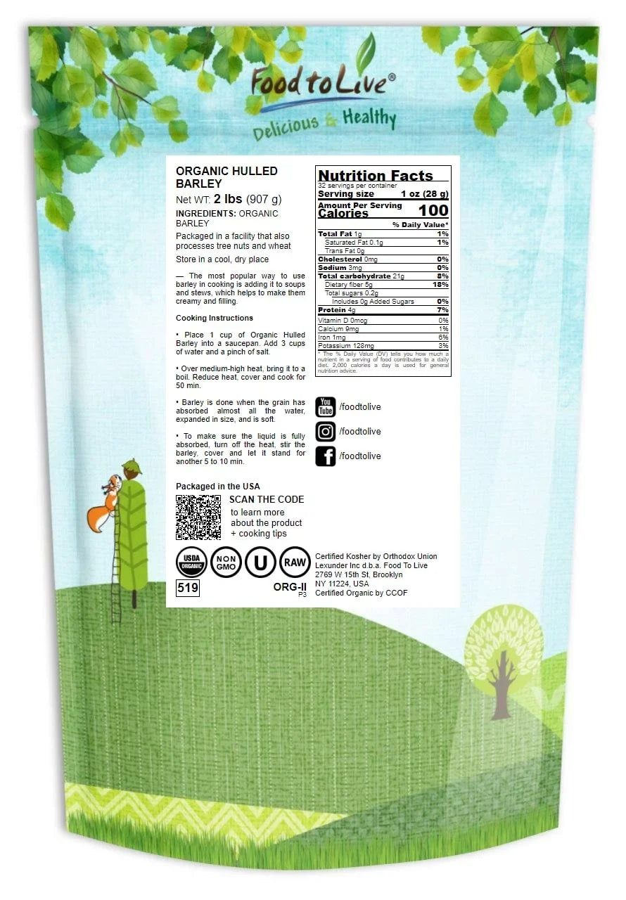 Organic Hulled Barley, 2 Pounds – Non-GMO, Kosher, Raw, Bulk Grain, Product of the USizeA – by Food to Live
