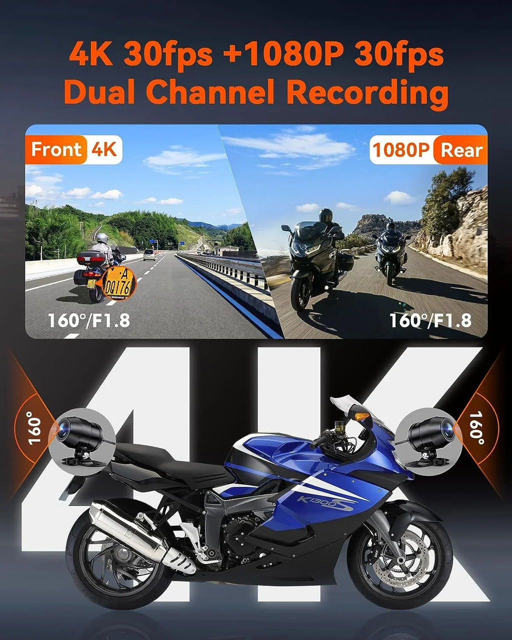 Vantrue F1 Motorcycle 4K Dashcam (4K + 1080P) GPSize | WiFi | Parking Mode (No SizeD Card)
