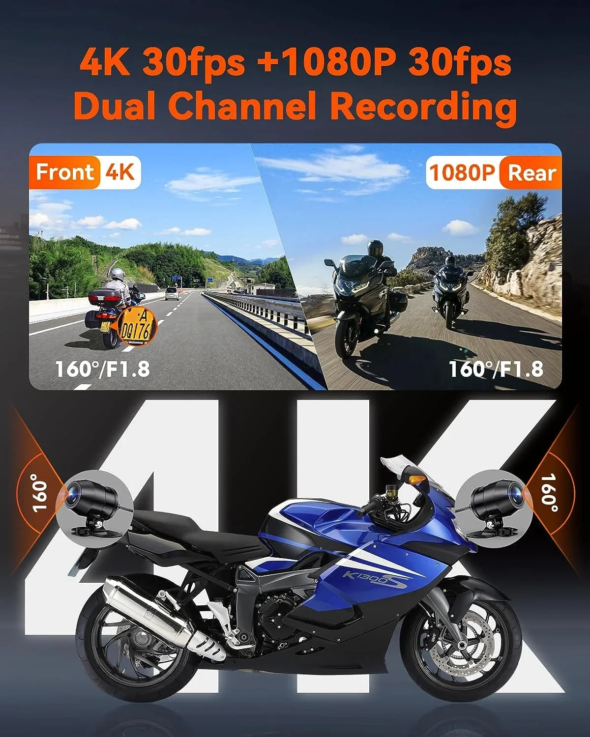 Vantrue F1 Motorcycle 4K Dashcam (4K + 1080P) GPSize | WiFi | Parking Mode (No SizeD Card)