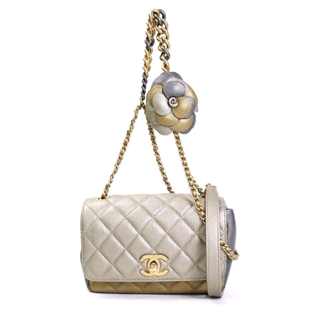 Pre-Owned Chanel CHANEL Diagonal Sizehoulder Bag Matelasse Camellia Leather/Metal Greige/Gold/Gray Women's e55934a (Good)