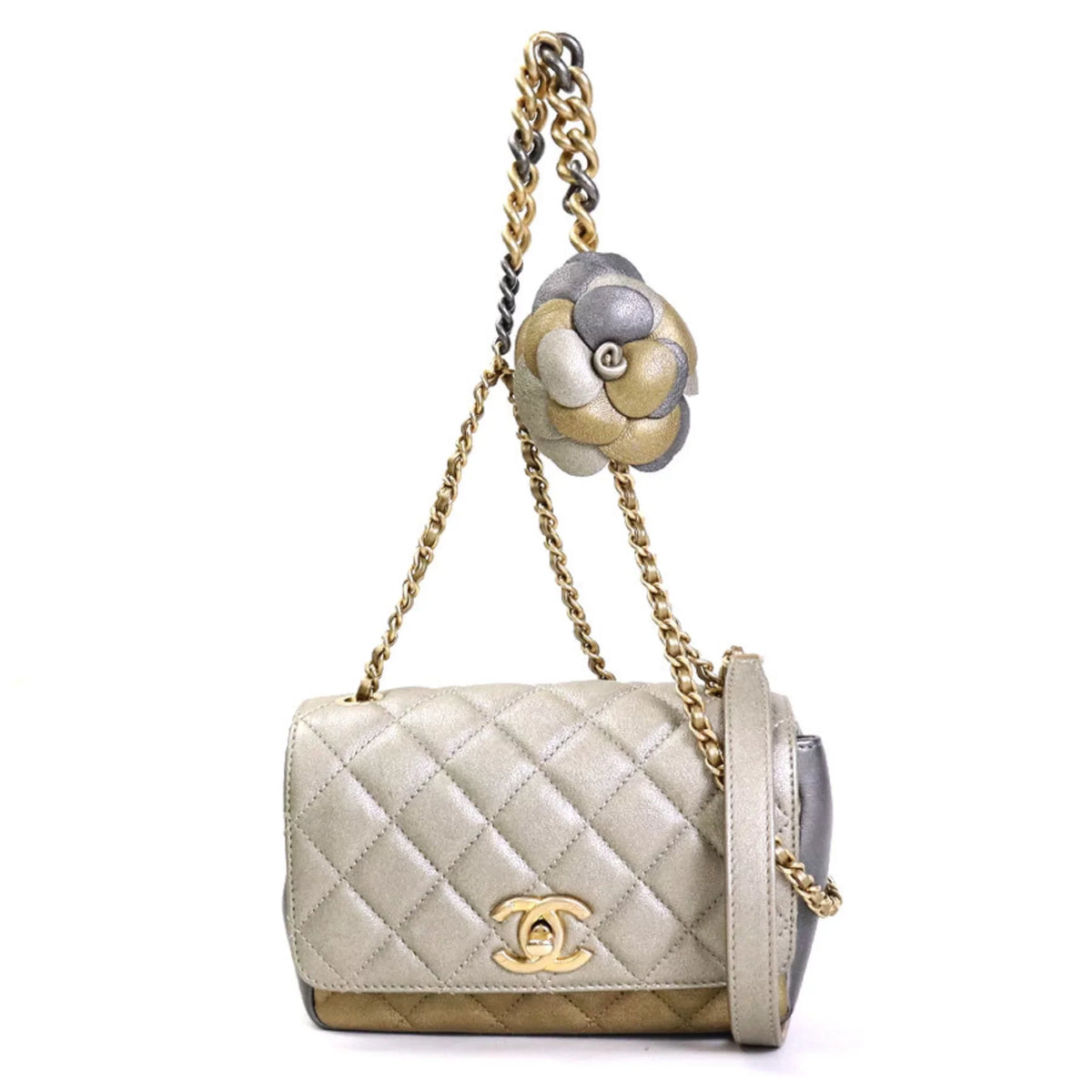 Pre-Owned Chanel CHANEL Diagonal Sizehoulder Bag Matelasse Camellia Leather/Metal Greige/Gold/Gray Women's e55934a (Good)