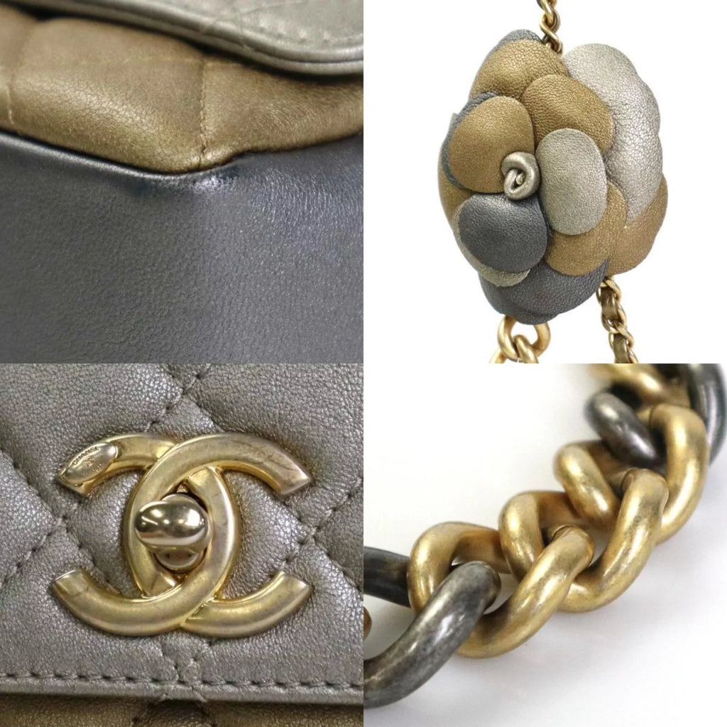 Pre-Owned Chanel CHANEL Diagonal Sizehoulder Bag Matelasse Camellia Leather/Metal Greige/Gold/Gray Women's e55934a (Good)