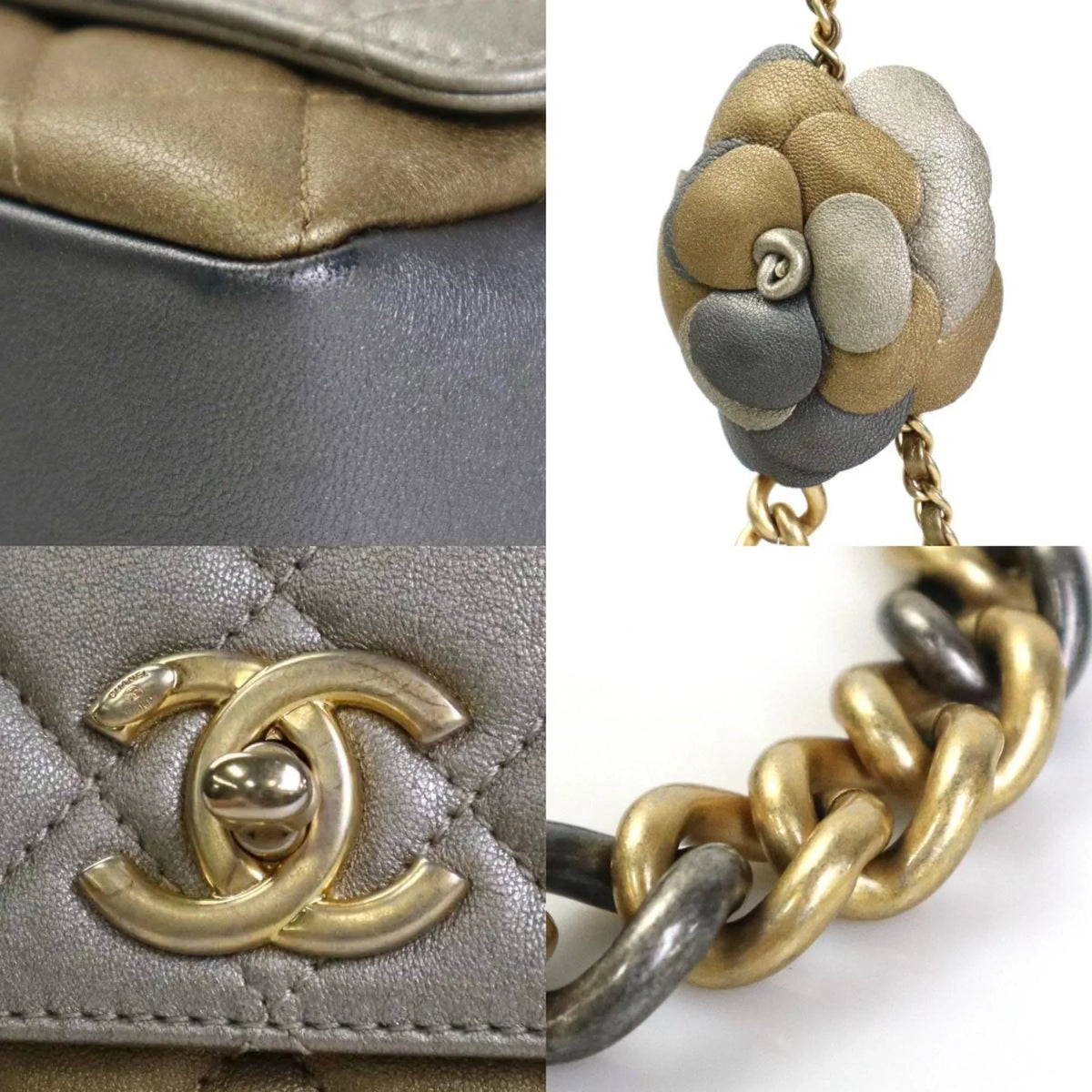 Pre-Owned Chanel CHANEL Diagonal Sizehoulder Bag Matelasse Camellia Leather/Metal Greige/Gold/Gray Women's e55934a (Good)