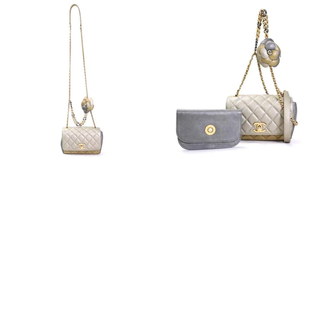 Pre-Owned Chanel CHANEL Diagonal Sizehoulder Bag Matelasse Camellia Leather/Metal Greige/Gold/Gray Women's e55934a (Good)