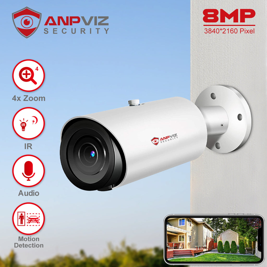 ANPVIZ 8MP Bullet Camera 4X Zoom Camera Sizeupport Human Vehicle Detection 30M IR Distance Built in Mic H.265 IP66