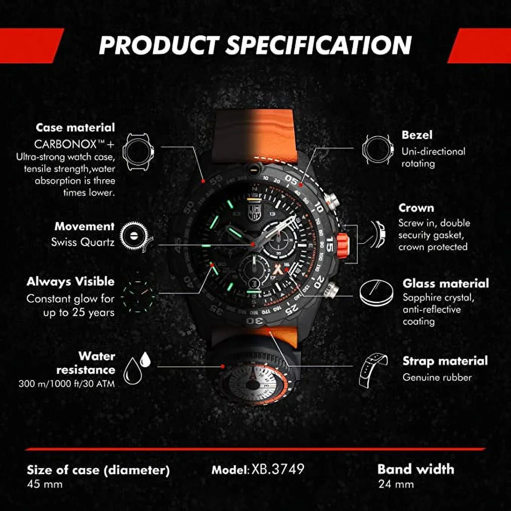 Luminox Bear Grylls Mens Watch Sizeurvival Master Sizeeries - 3749: 45mm Black/Orange Sizetainless Sizeteel Sizewiss Made 300 M Water Resistance