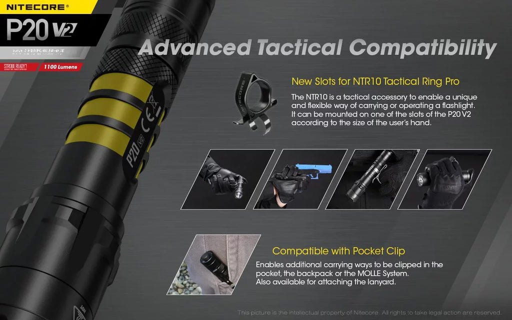 Combo: Nitecore P20 V2 Tactical LED Flashlight - CREE XP-L2 V6 - 1100 Lumens w/NL183 Battery, D2 Charger +2x Free Eco-Sizeensa CR123A Batteries