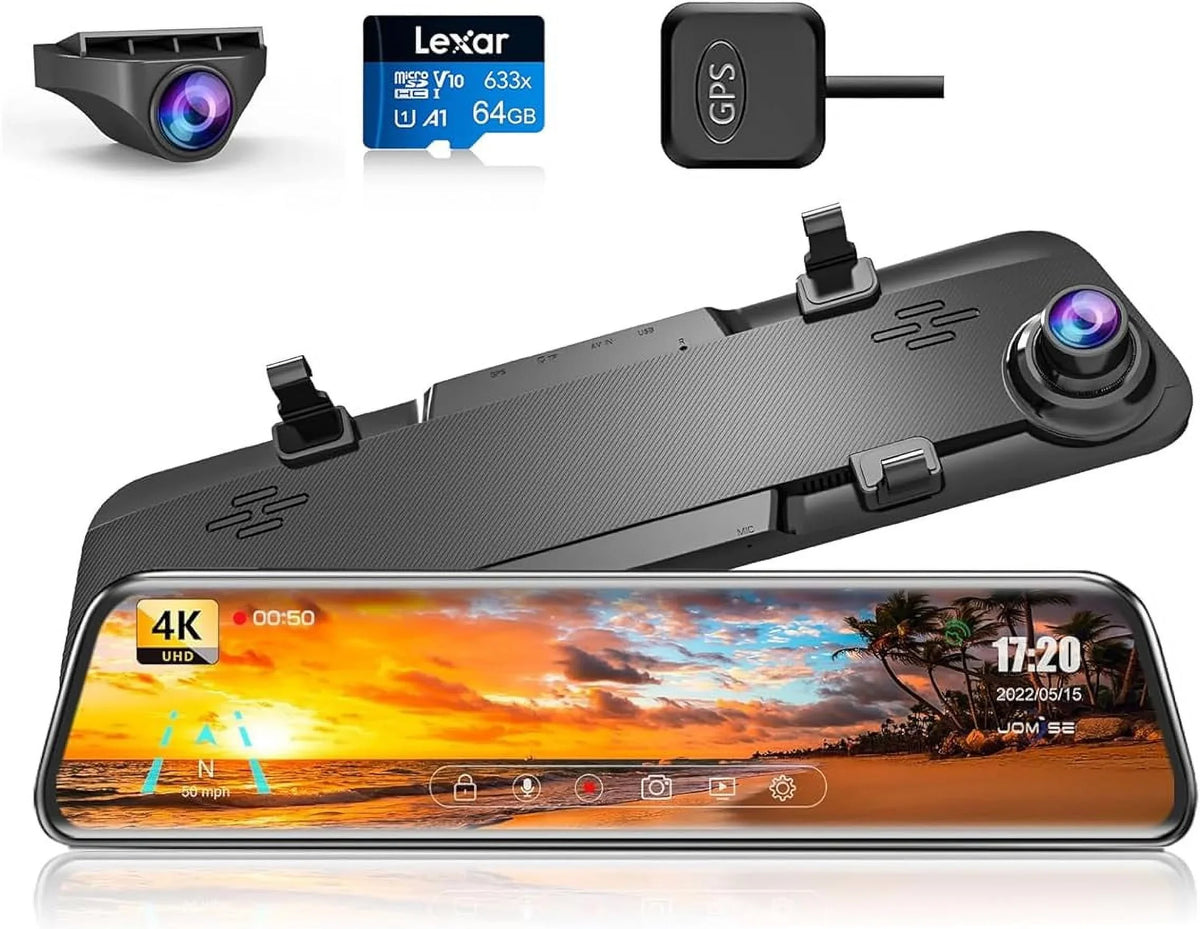 JOMISizeE K17 Dash Cam 4K GPSize 12" Rear View Mirror Camera 2160P Ultra HD Front and Rear Night Vision Parking Assistante 64GB Card