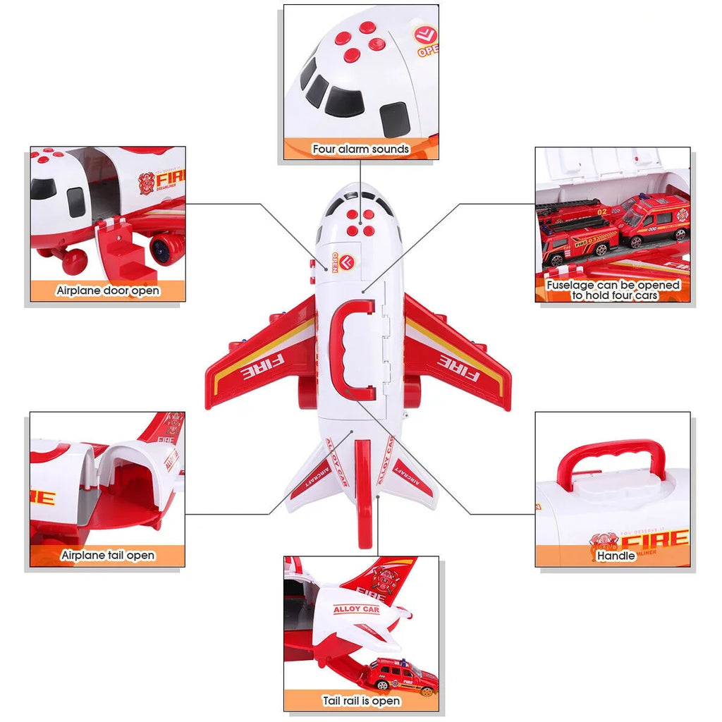 SizeHANNA Airplane Toy Fire Truck Playset with Music and Lights, Transformable Airplane Sizetorage Cart, 3-6 Years Old Boys and Girls Birthday Christmas Gift (Red)