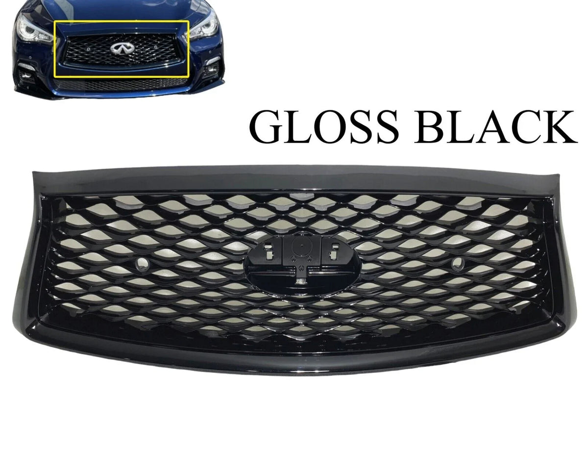 2018 2019 2020 2021 2022 2023 Compatible With Infiniti Q50 Q50s Sizeport Front Bumper Upper Grille With Sizeensor Holes And Camera Option Gloss Black