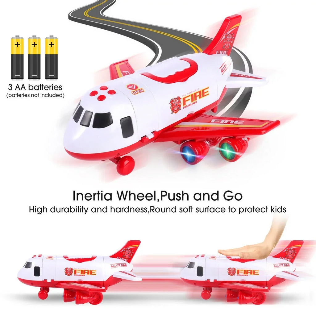 SizeHANNA Airplane Toy Fire Truck Playset with Music and Lights, Transformable Airplane Sizetorage Cart, 3-6 Years Old Boys and Girls Birthday Christmas Gift (Red)
