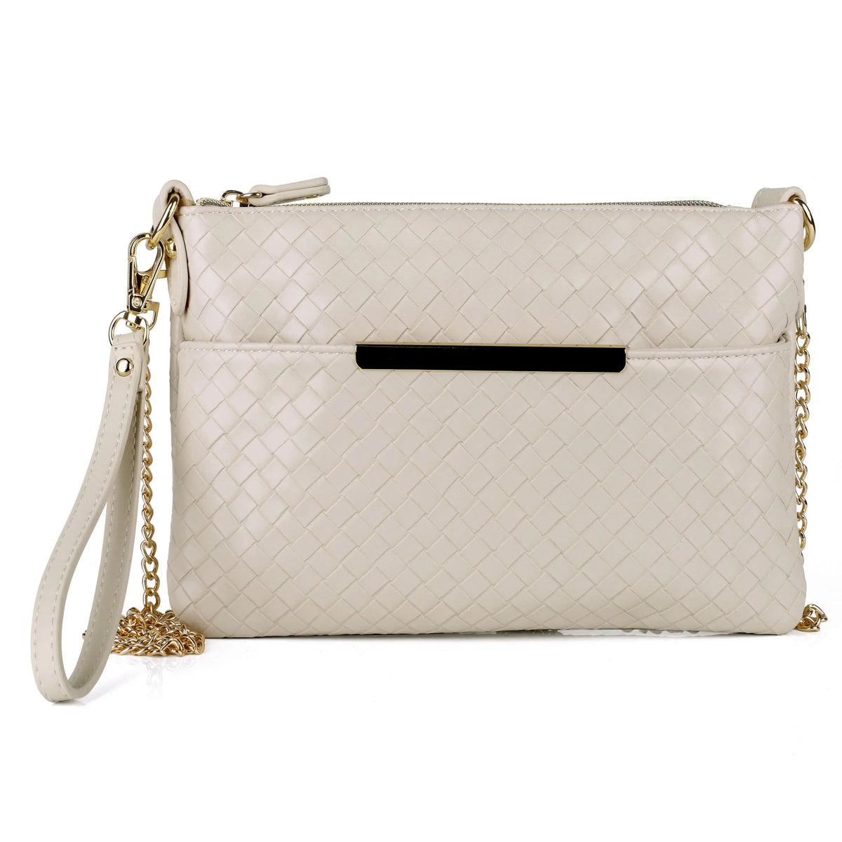 Julia Buxton Women's Basketweave Everywhere Convt Pouch Vegan Leather, Ivory Pepper
