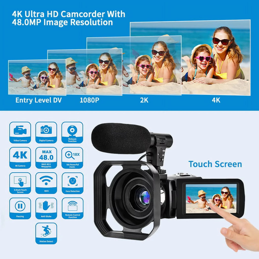 4K Camcorder Vlogging Camera for Youtube Ultra HD 48MP Video Camera with Microphone & Remote Control Wifi Digital Camera 3.0" IPSize Touch Sizecreen