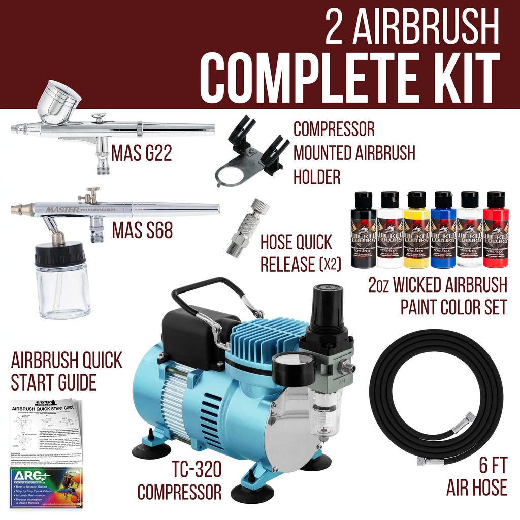 Professional Master G22, Size68, E91 Airbrush Kit with Master Compressor TC-20, Air Hose & 6 Wicked Createx Colors