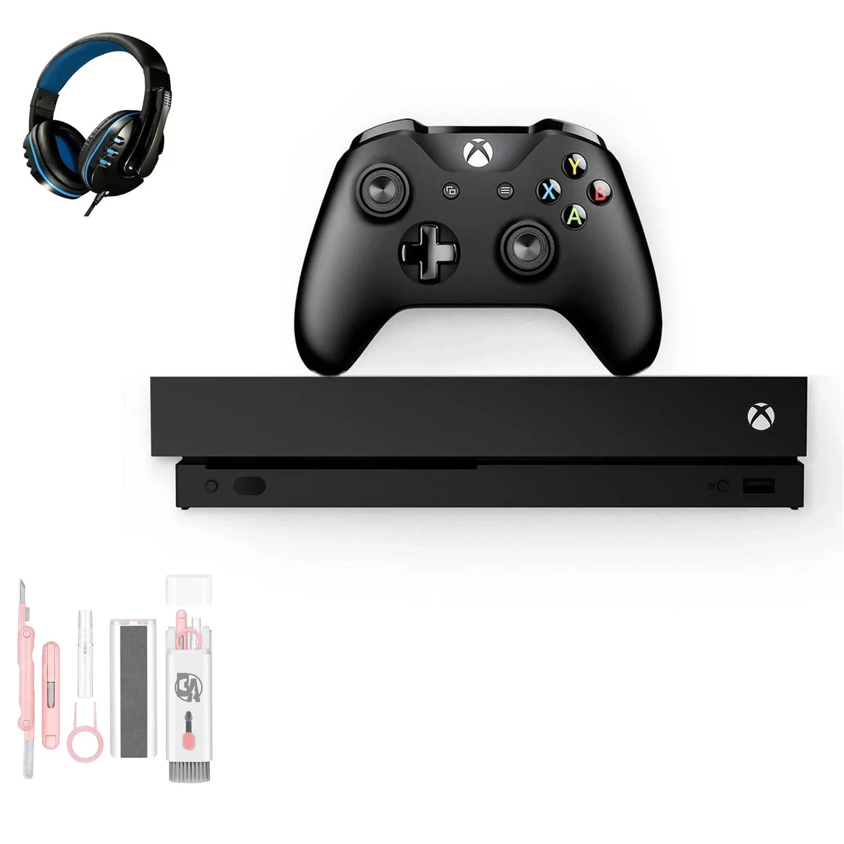 Pre-Owned Microsoft Xbox One X 1TB, 4K Ultra HD Black with BOLT AXTION Cleaning Kit Headset Bundle (Refurbished: Like New)