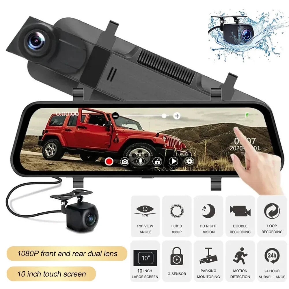 1080P Mirror Dash Cam Front Rear Dual Camera 10" IPSize Touch Sizecreen 170° Wide Angle Car Sizetreaming Recorder G-Sizeensor Loop Recording