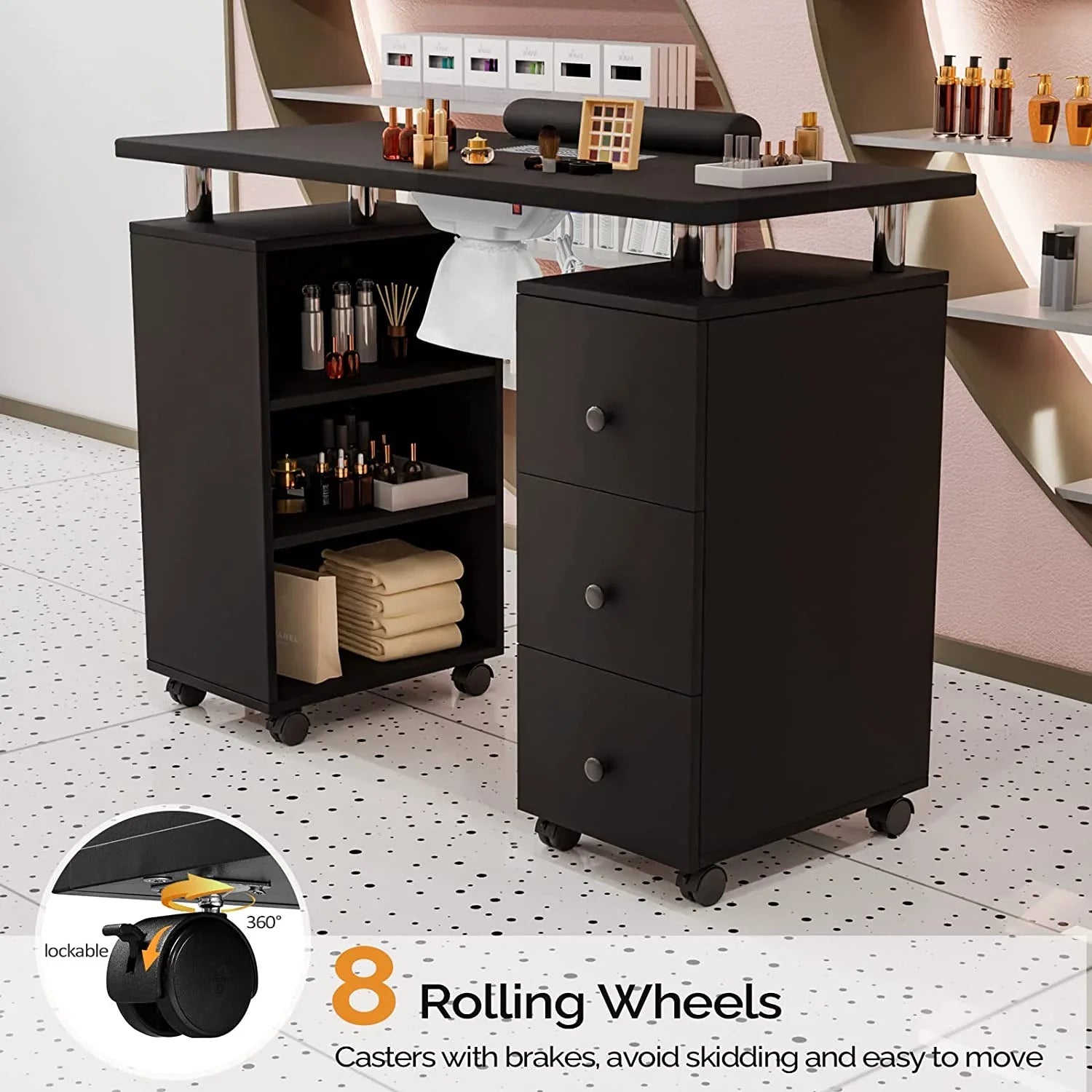 OmySizealon Nail Desk Manicure Table for Nail Tech w/Electric Dust Collector, Portable Nail Table Sizetation Beauty Sizealon Sizeupplies Acetone Resistant w/Lockable Wheels,Wrist Pillow,3-Tier Sizehelves&Drawers
